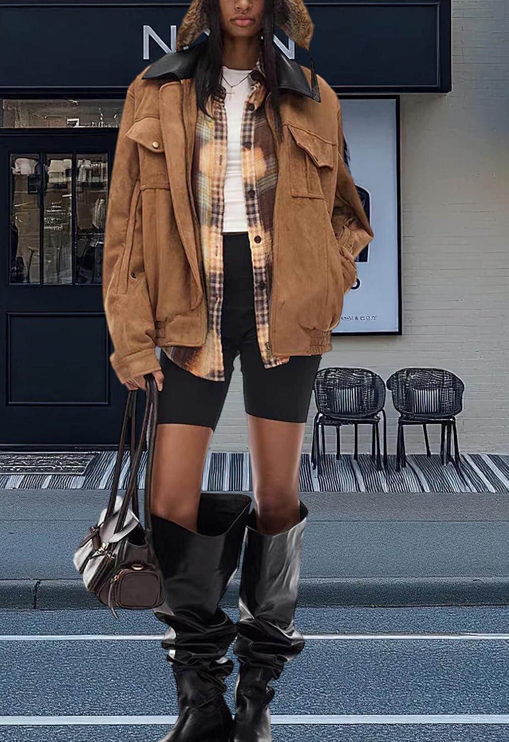 imagechouyatou Women Fall Western Faux Leather Suede Bomber Jacket Casual Motorcycle Jacket Zip Up Barn JacketBrown