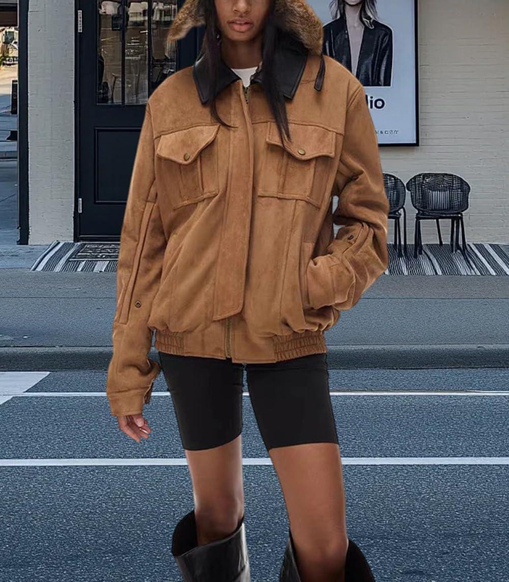 imagechouyatou Women Fall Western Faux Leather Suede Bomber Jacket Casual Motorcycle Jacket Zip Up Barn JacketBrown