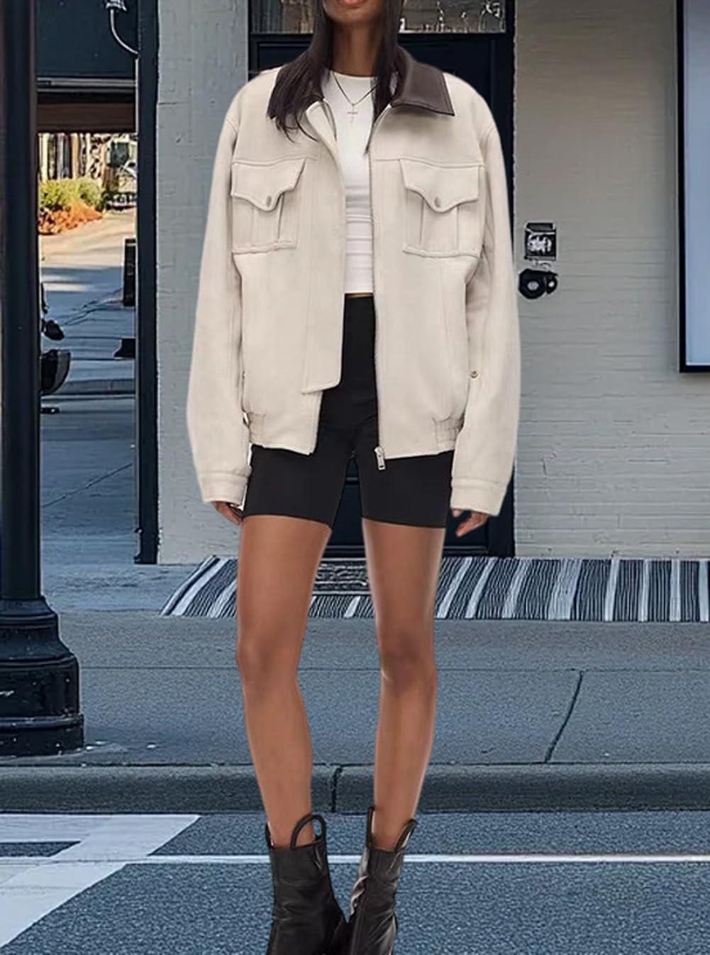 imagechouyatou Women Fall Western Faux Leather Suede Bomber Jacket Casual Motorcycle Jacket Zip Up Barn JacketOffwhite