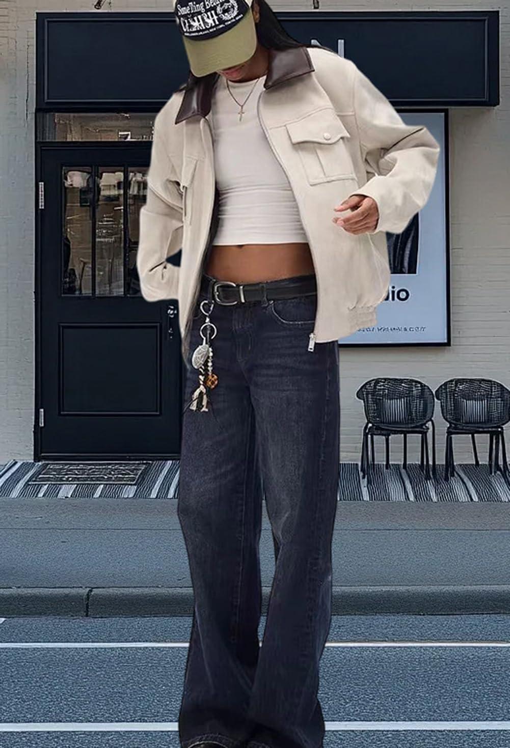 imagechouyatou Women Fall Western Faux Leather Suede Bomber Jacket Casual Motorcycle Jacket Zip Up Barn JacketOffwhite