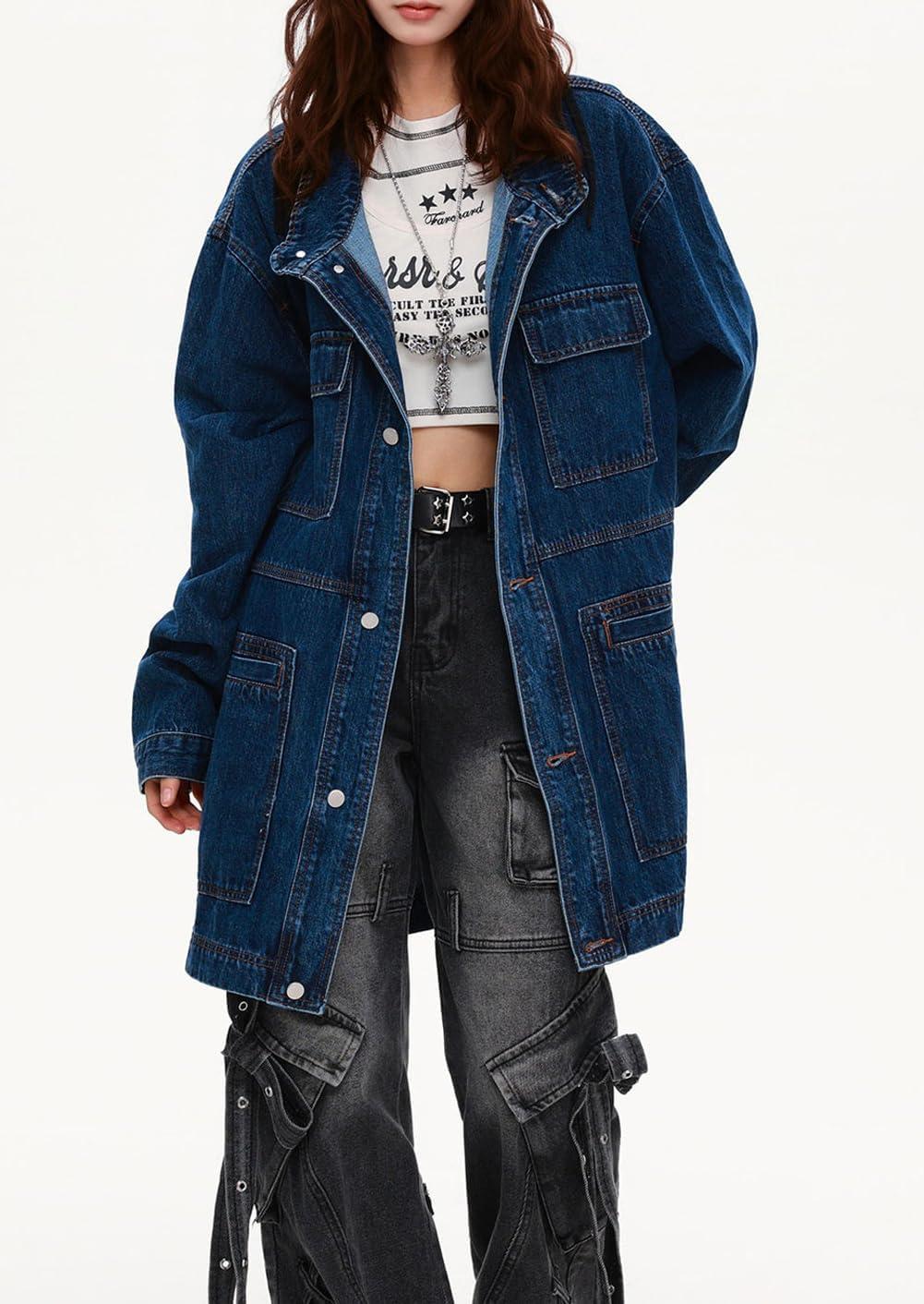 imagechouyatou Women Fall Western Utility Jean Jacket Oversized Distressed Y2K Long Denim Jacket Trench CoatDark Blue