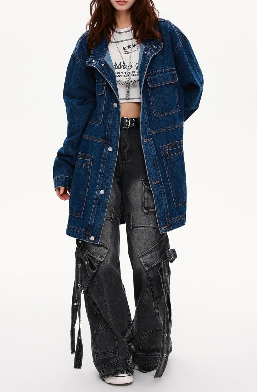 imagechouyatou Women Fall Western Utility Jean Jacket Oversized Distressed Y2K Long Denim Jacket Trench CoatDark Blue