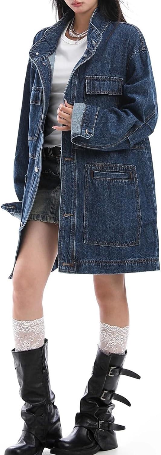 imagechouyatou Women Fall Western Utility Jean Jacket Oversized Distressed Y2K Long Denim Jacket Trench CoatDark Blue