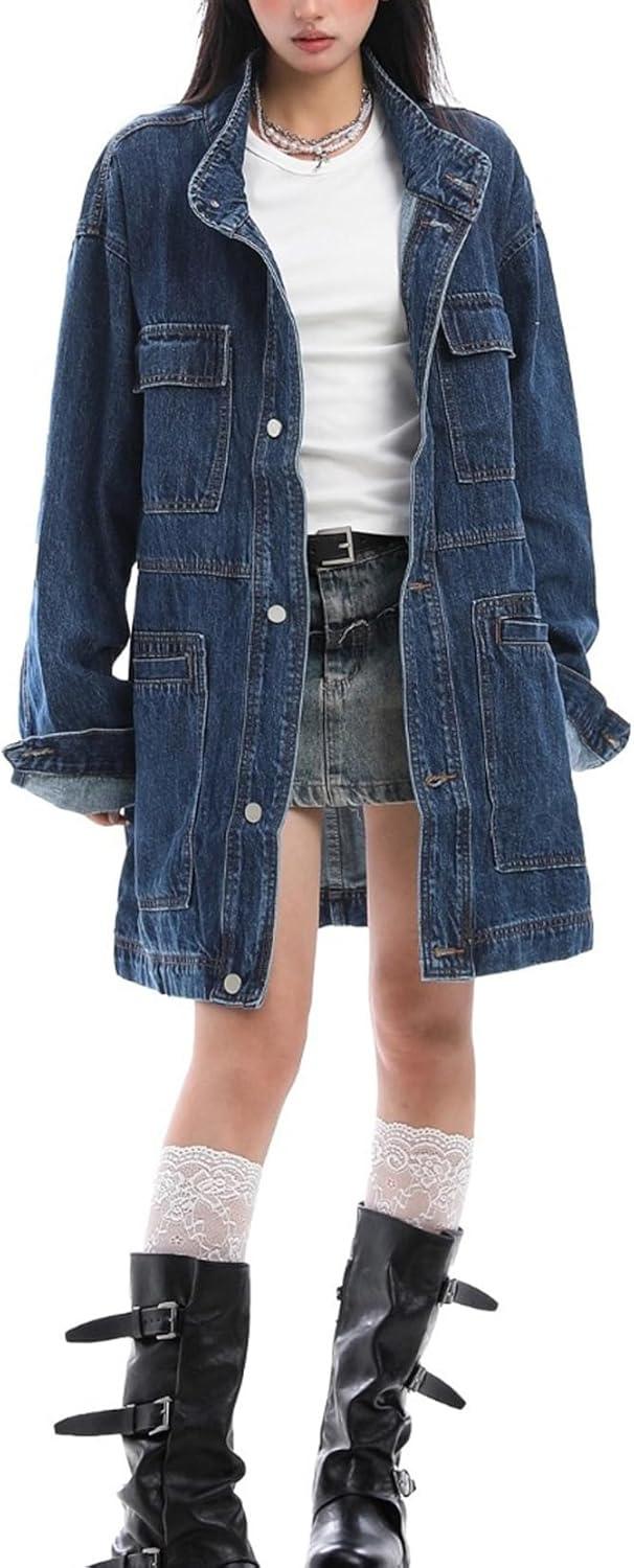 imagechouyatou Women Fall Western Utility Jean Jacket Oversized Distressed Y2K Long Denim Jacket Trench CoatDark Blue