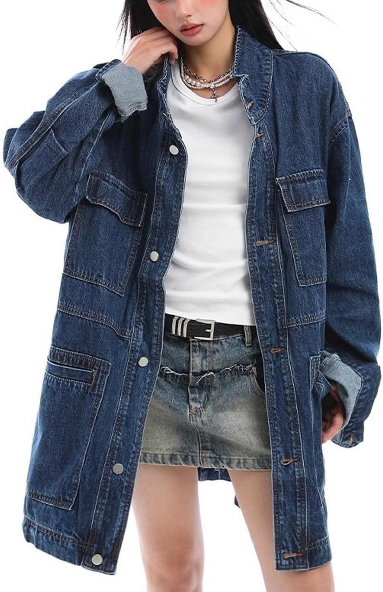 imagechouyatou Women Fall Western Utility Jean Jacket Oversized Distressed Y2K Long Denim Jacket Trench CoatDark Blue