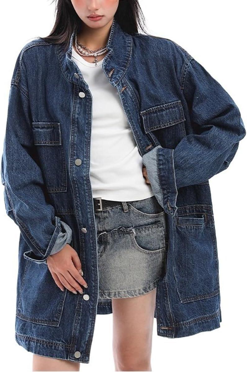 imagechouyatou Women Fall Western Utility Jean Jacket Oversized Distressed Y2K Long Denim Jacket Trench CoatDark Blue