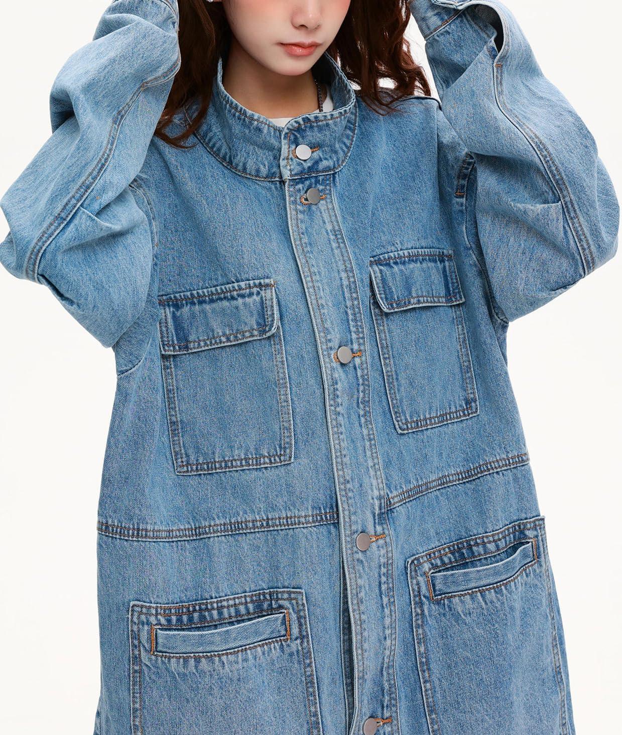 imagechouyatou Women Fall Western Utility Jean Jacket Oversized Distressed Y2K Long Denim Jacket Trench CoatLight Blue