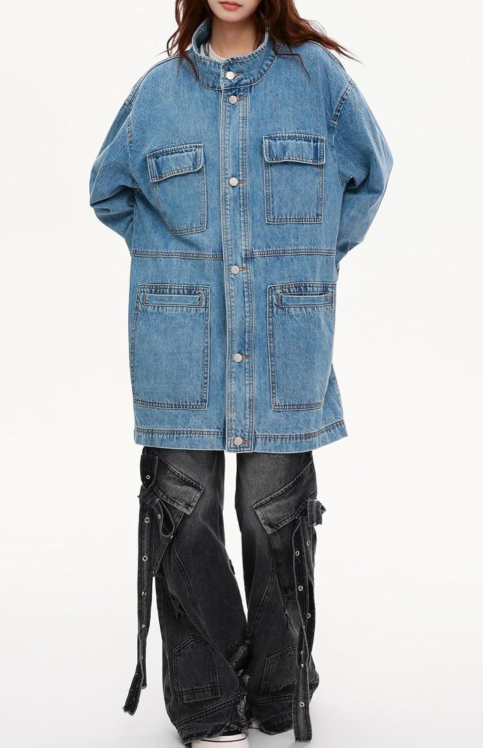 imagechouyatou Women Fall Western Utility Jean Jacket Oversized Distressed Y2K Long Denim Jacket Trench CoatLight Blue