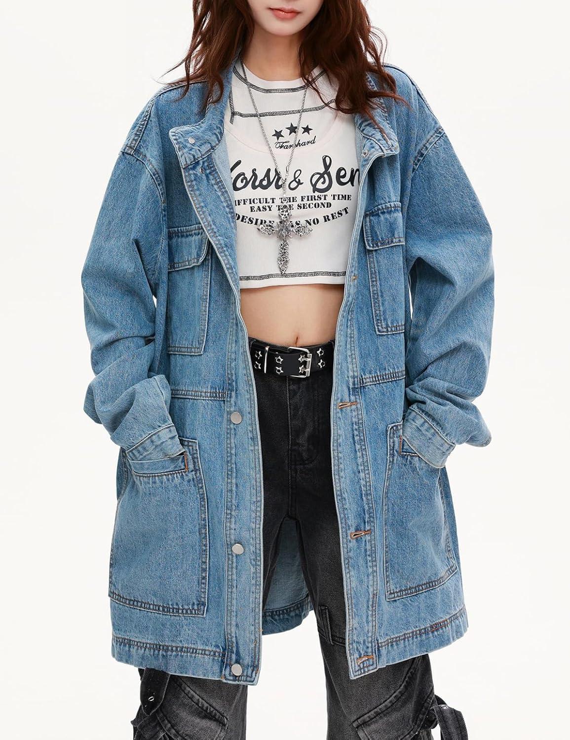 imagechouyatou Women Fall Western Utility Jean Jacket Oversized Distressed Y2K Long Denim Jacket Trench CoatLight Blue