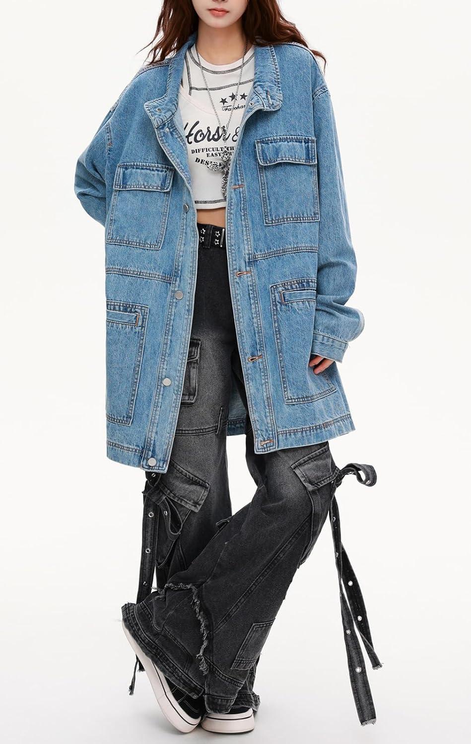 imagechouyatou Women Fall Western Utility Jean Jacket Oversized Distressed Y2K Long Denim Jacket Trench CoatLight Blue
