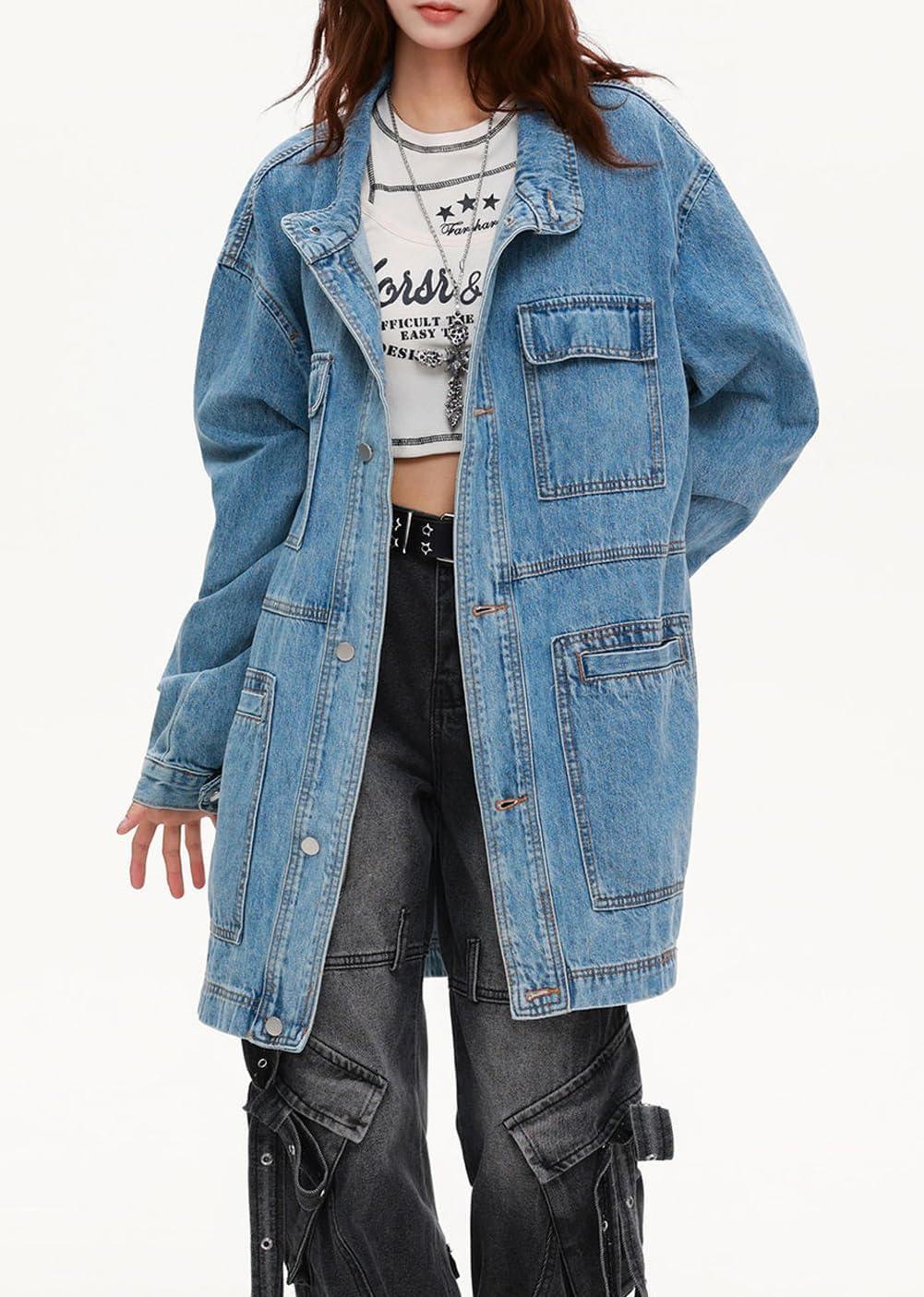 imagechouyatou Women Fall Western Utility Jean Jacket Oversized Distressed Y2K Long Denim Jacket Trench CoatLight Blue