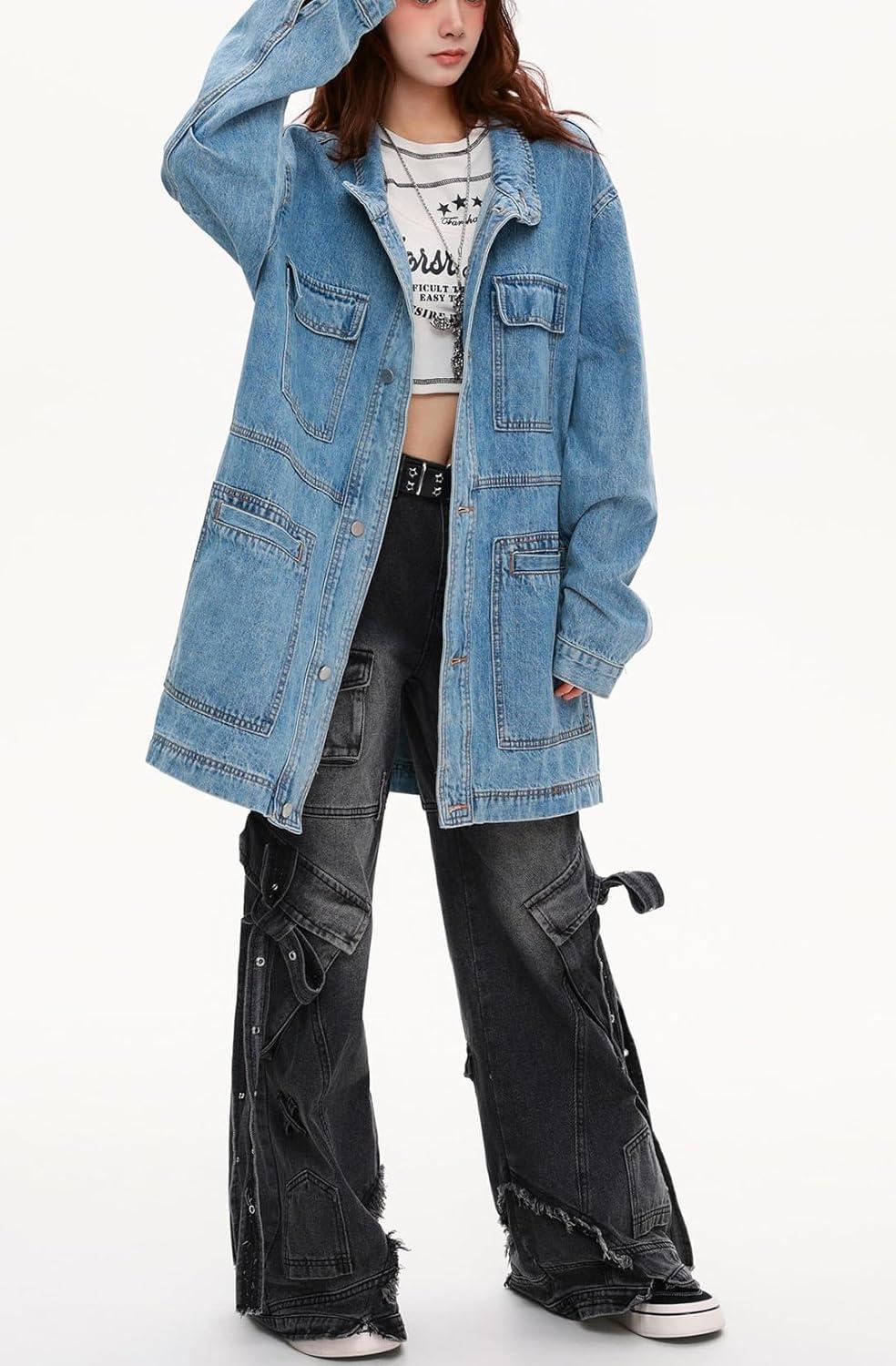 imagechouyatou Women Fall Western Utility Jean Jacket Oversized Distressed Y2K Long Denim Jacket Trench CoatLight Blue