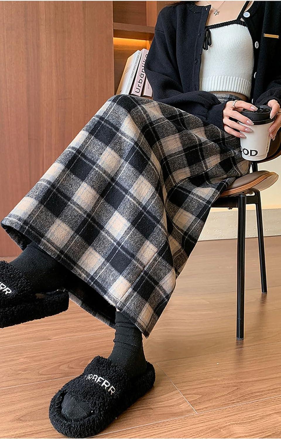 imagechouyatou Women Fall Winter Elastic High Waist Plaid Skirt ALine Maxi Long Wool Pencil Skirt with SplitBlack