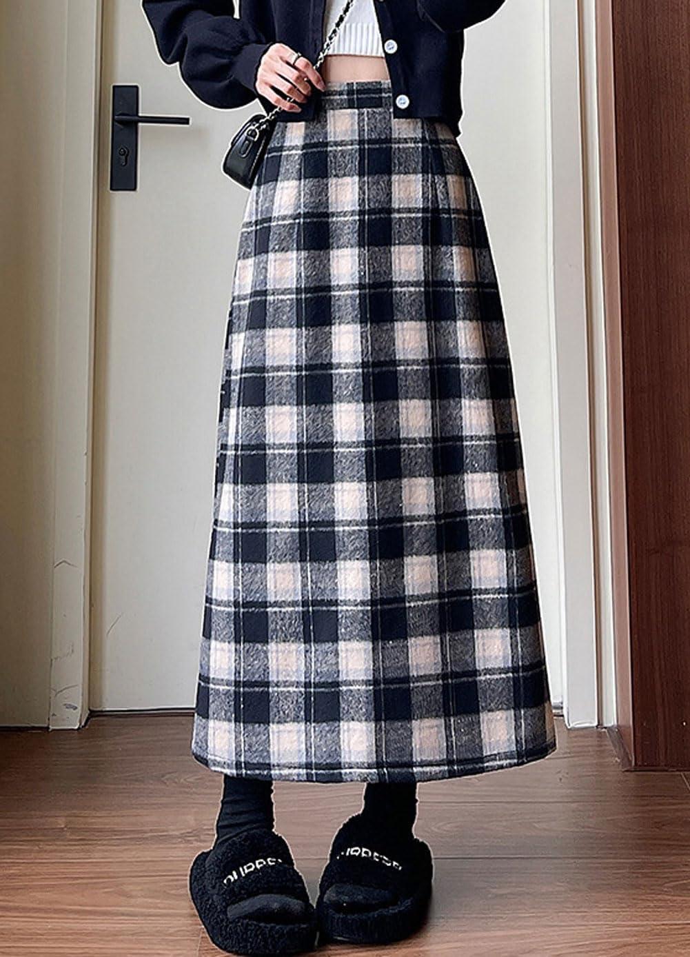 imagechouyatou Women Fall Winter Elastic High Waist Plaid Skirt ALine Maxi Long Wool Pencil Skirt with SplitBlack