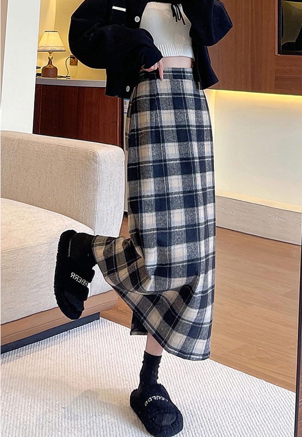imagechouyatou Women Fall Winter Elastic High Waist Plaid Skirt ALine Maxi Long Wool Pencil Skirt with SplitBlack