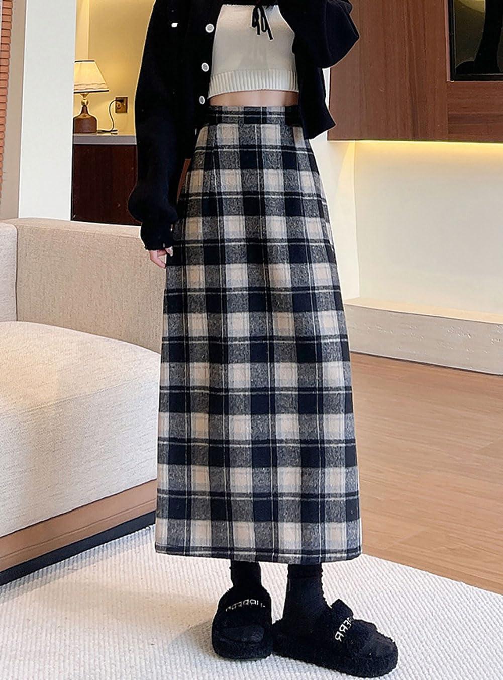 imagechouyatou Women Fall Winter Elastic High Waist Plaid Skirt ALine Maxi Long Wool Pencil Skirt with SplitBlack