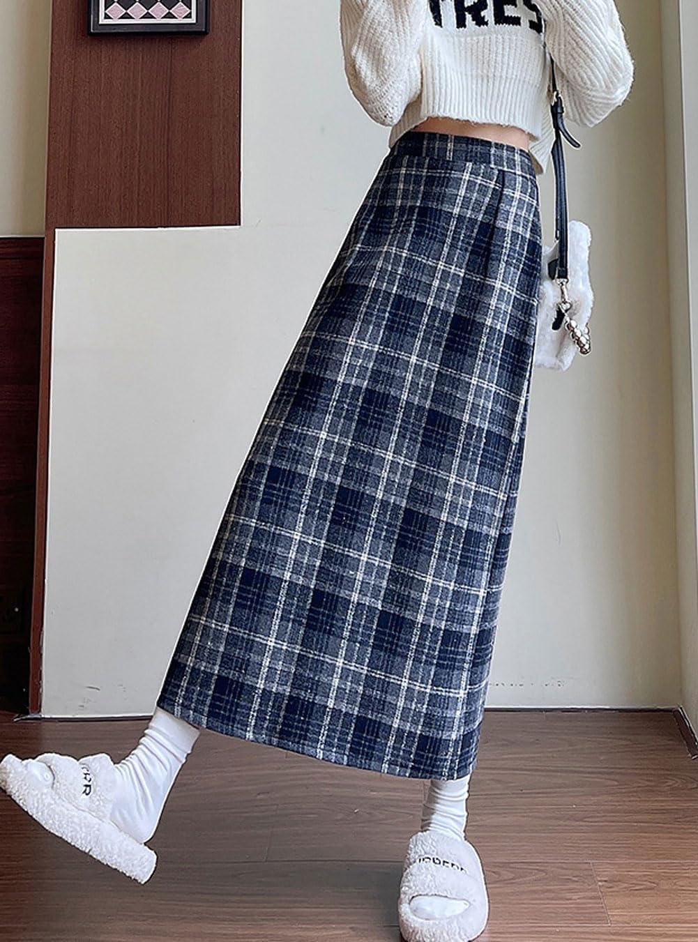 imagechouyatou Women Fall Winter Elastic High Waist Plaid Skirt ALine Maxi Long Wool Pencil Skirt with SplitBlue