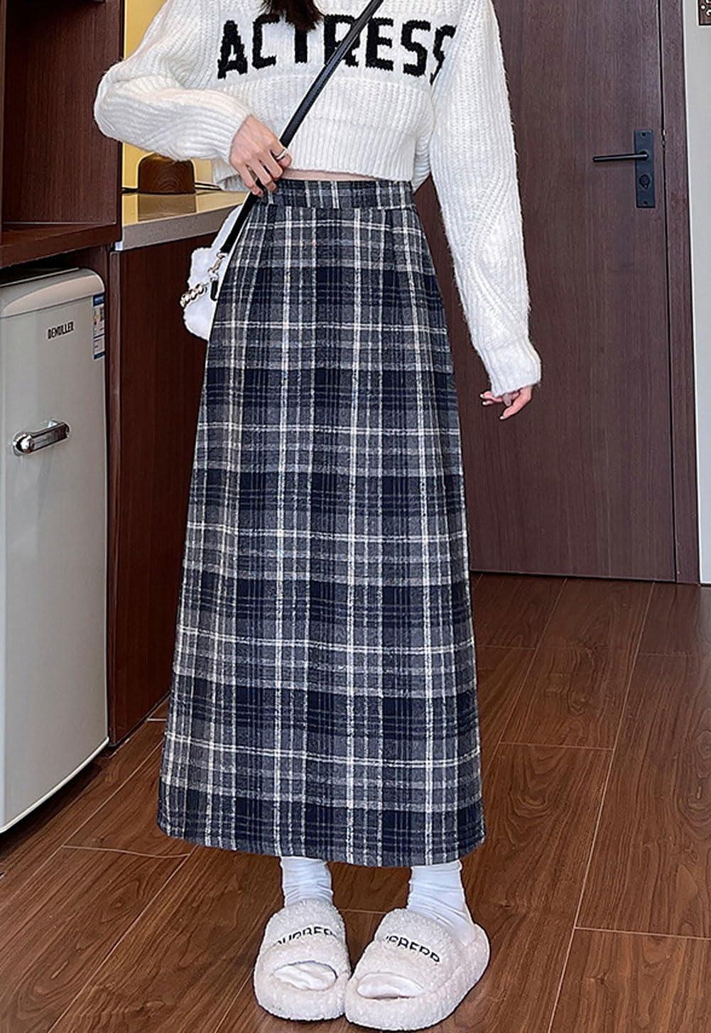 imagechouyatou Women Fall Winter Elastic High Waist Plaid Skirt ALine Maxi Long Wool Pencil Skirt with SplitBlue