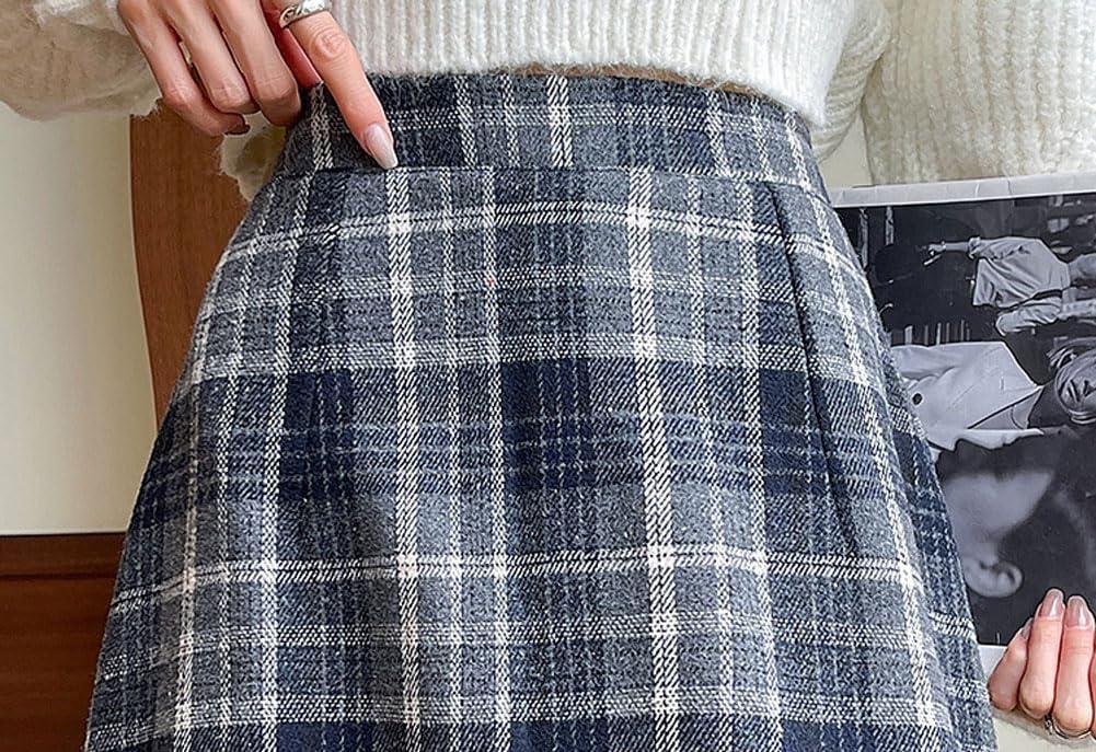 imagechouyatou Women Fall Winter Elastic High Waist Plaid Skirt ALine Maxi Long Wool Pencil Skirt with SplitBlue