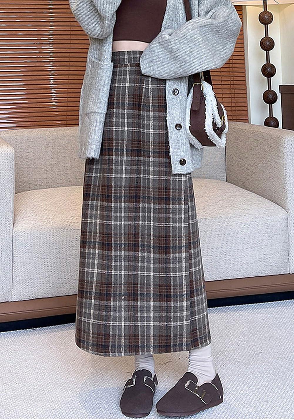 imagechouyatou Women Fall Winter Elastic High Waist Plaid Skirt ALine Maxi Long Wool Pencil Skirt with SplitBrown