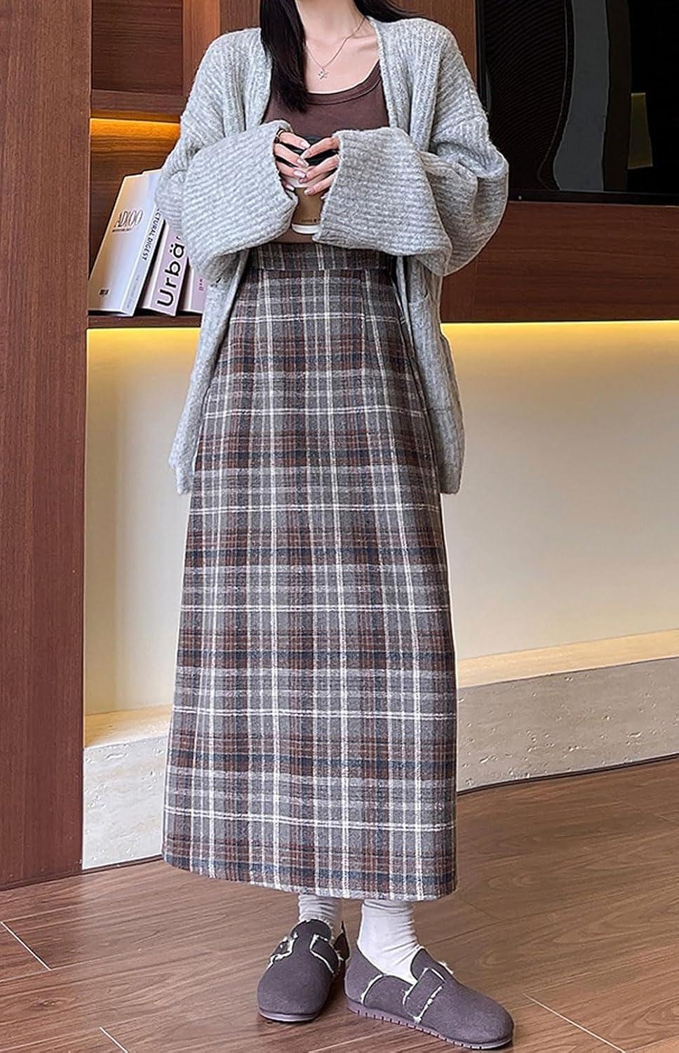 imagechouyatou Women Fall Winter Elastic High Waist Plaid Skirt ALine Maxi Long Wool Pencil Skirt with SplitBrown
