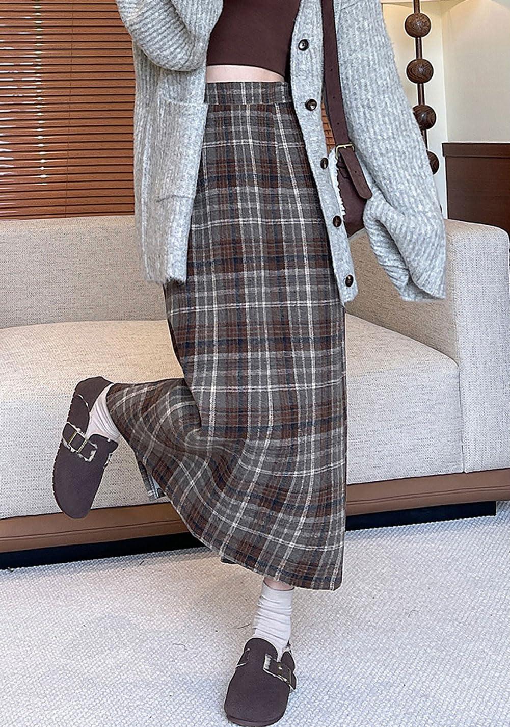 imagechouyatou Women Fall Winter Elastic High Waist Plaid Skirt ALine Maxi Long Wool Pencil Skirt with SplitBrown