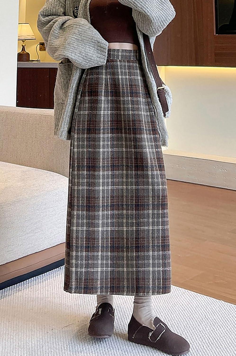 imagechouyatou Women Fall Winter Elastic High Waist Plaid Skirt ALine Maxi Long Wool Pencil Skirt with SplitBrown