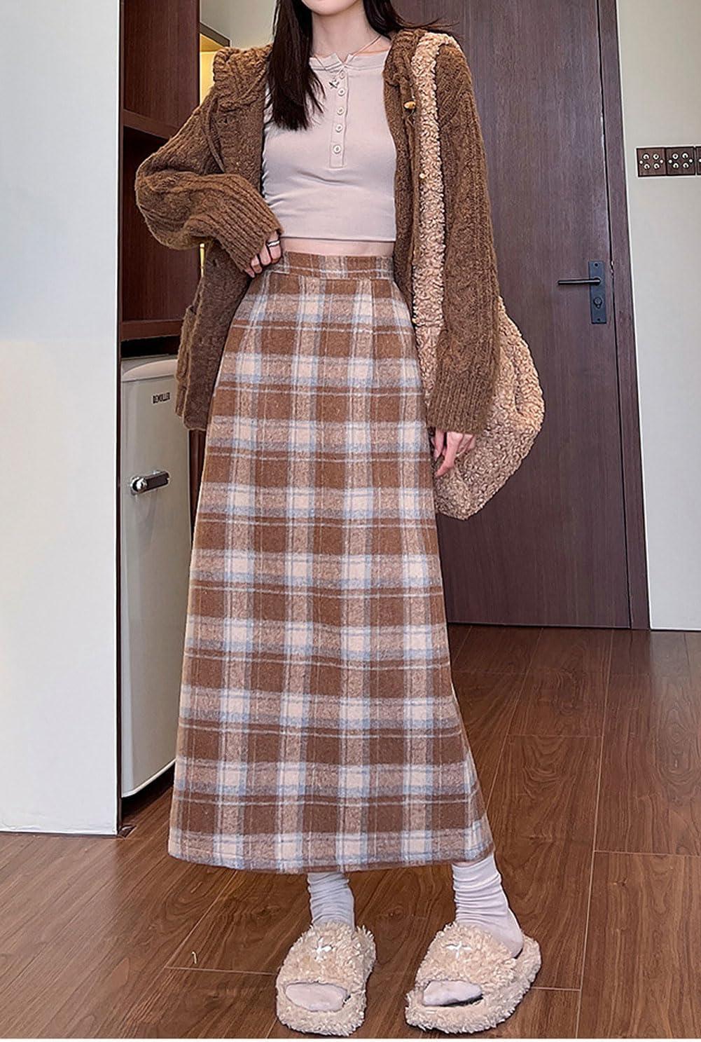 imagechouyatou Women Fall Winter Elastic High Waist Plaid Skirt ALine Maxi Long Wool Pencil Skirt with SplitKhaki
