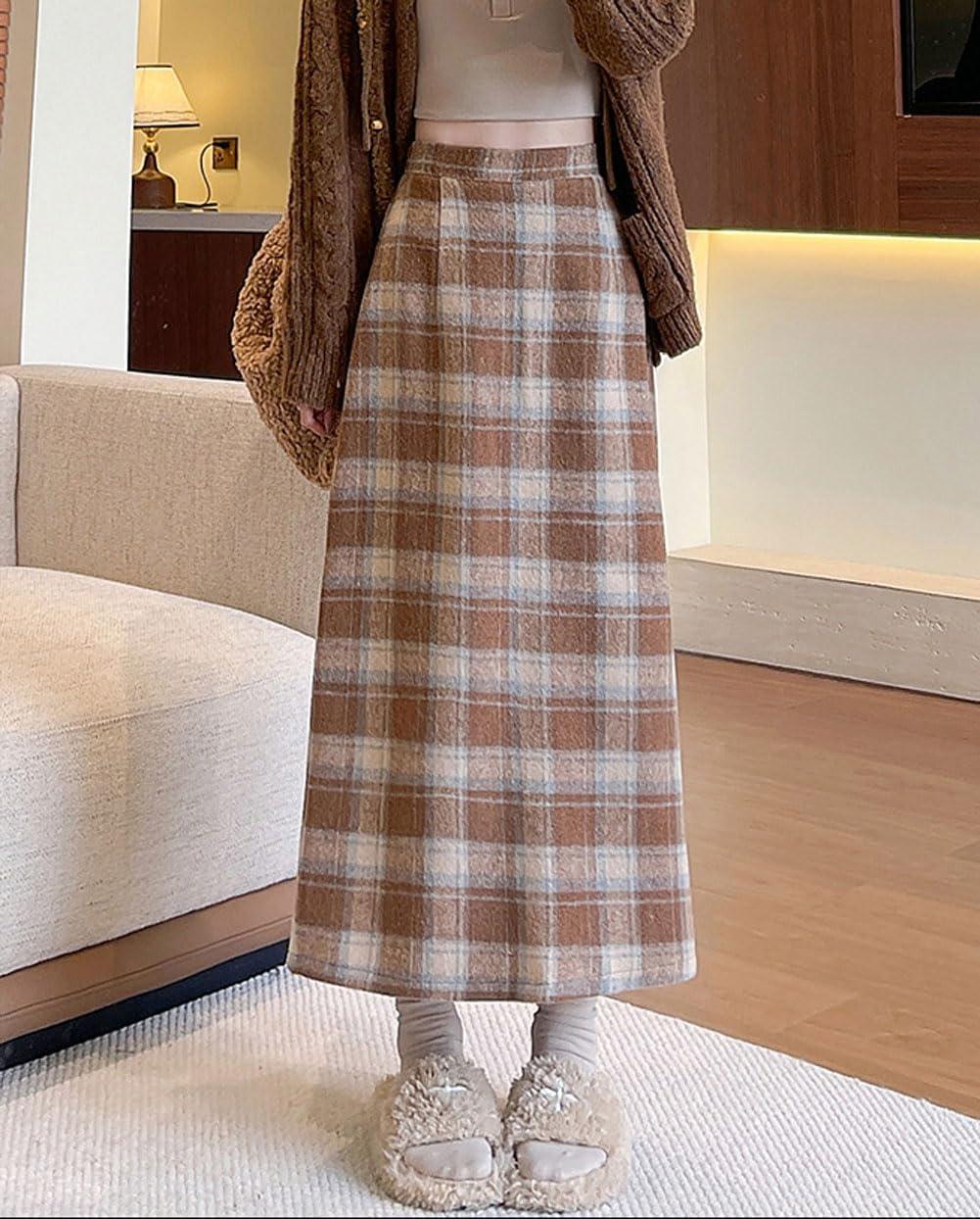 imagechouyatou Women Fall Winter Elastic High Waist Plaid Skirt ALine Maxi Long Wool Pencil Skirt with SplitKhaki