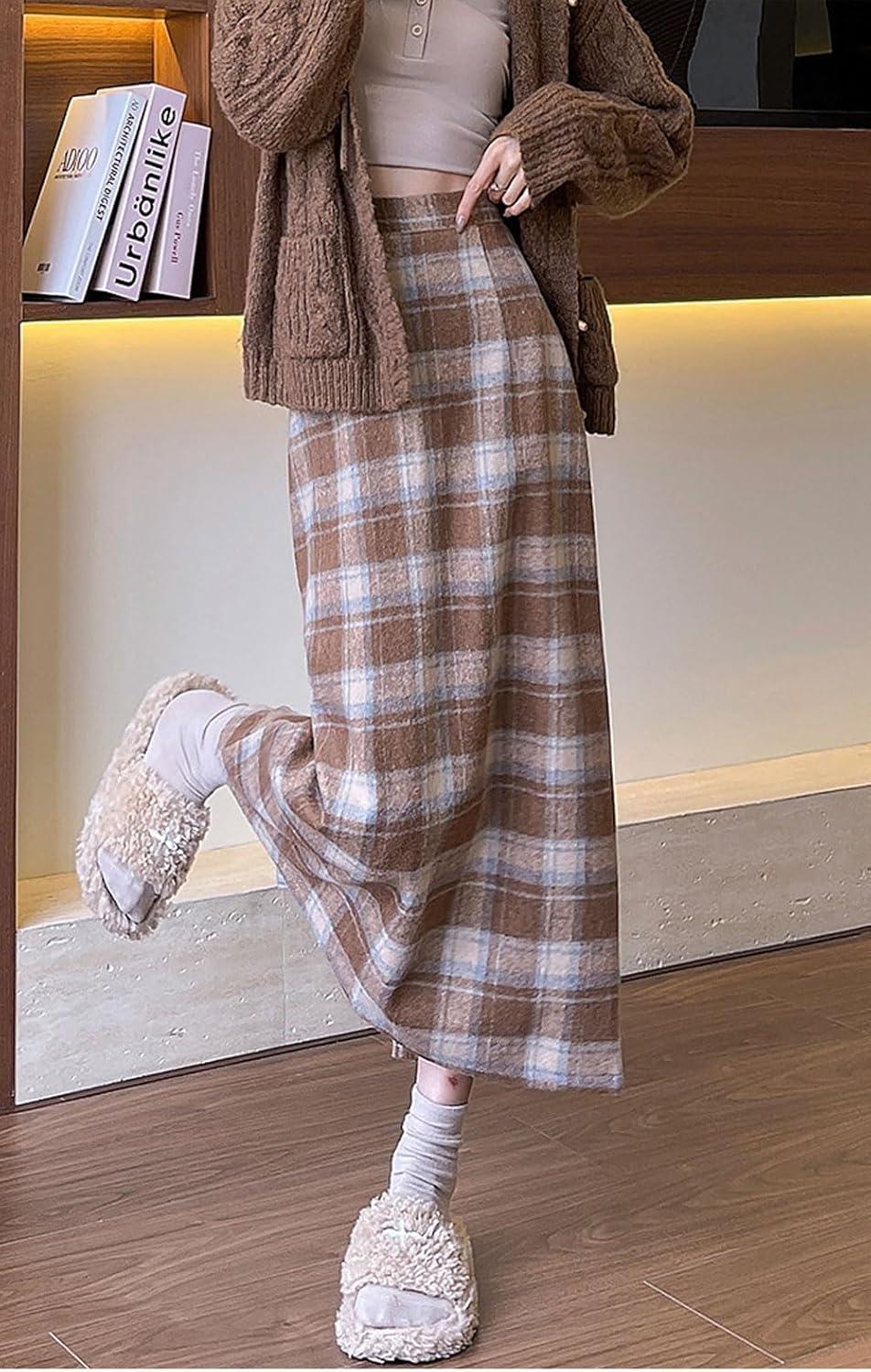 imagechouyatou Women Fall Winter Elastic High Waist Plaid Skirt ALine Maxi Long Wool Pencil Skirt with SplitKhaki