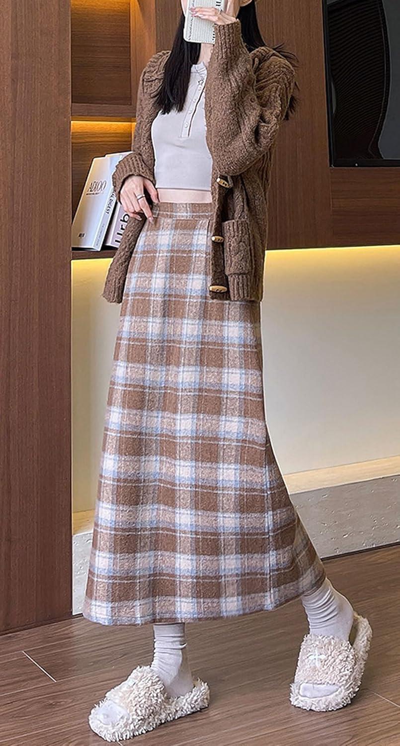 imagechouyatou Women Fall Winter Elastic High Waist Plaid Skirt ALine Maxi Long Wool Pencil Skirt with SplitKhaki