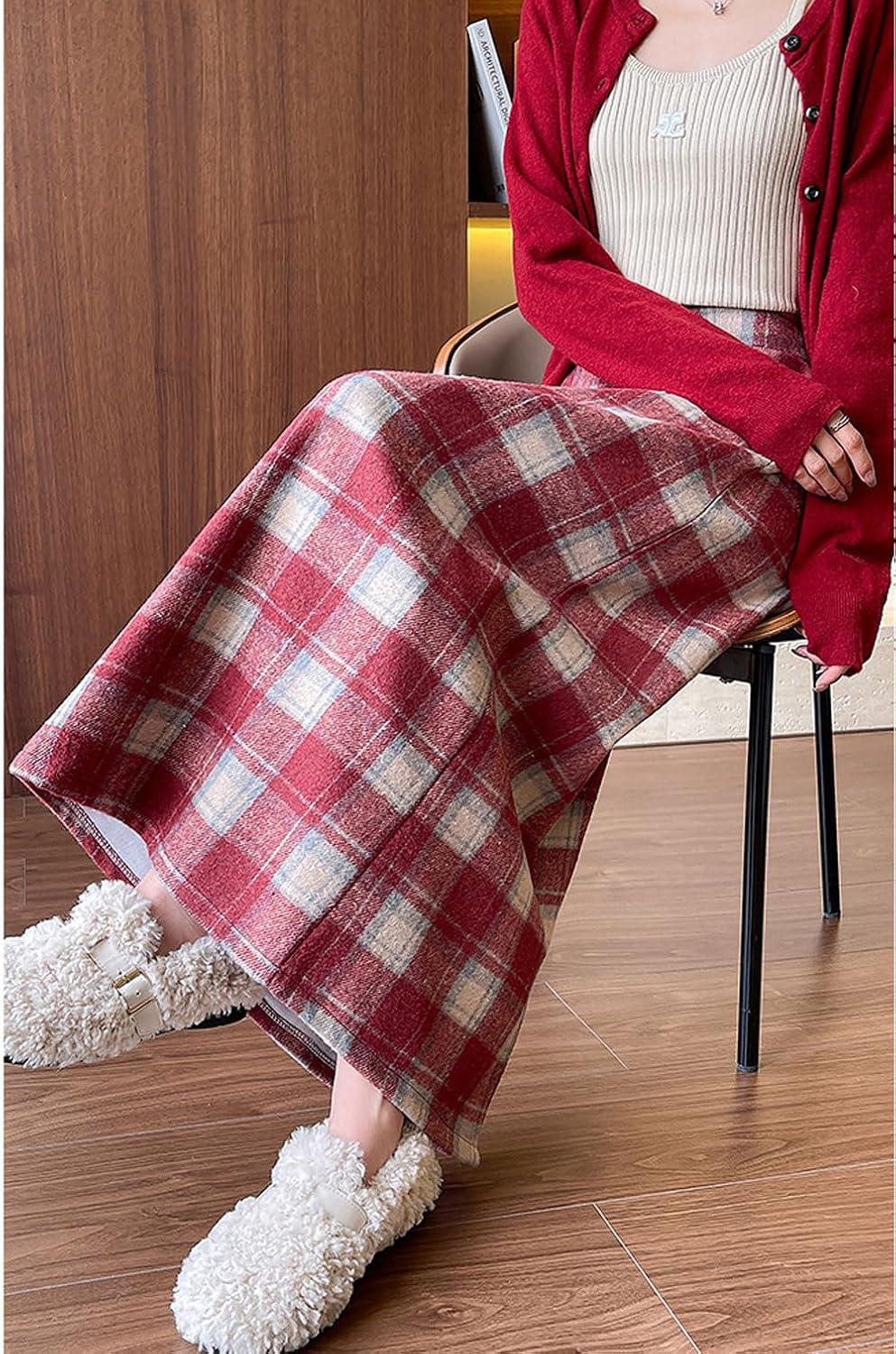 imagechouyatou Women Fall Winter Elastic High Waist Plaid Skirt ALine Maxi Long Wool Pencil Skirt with SplitRed