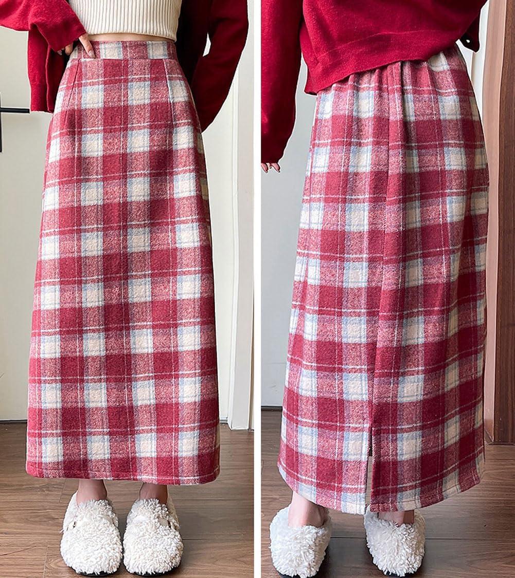imagechouyatou Women Fall Winter Elastic High Waist Plaid Skirt ALine Maxi Long Wool Pencil Skirt with SplitRed