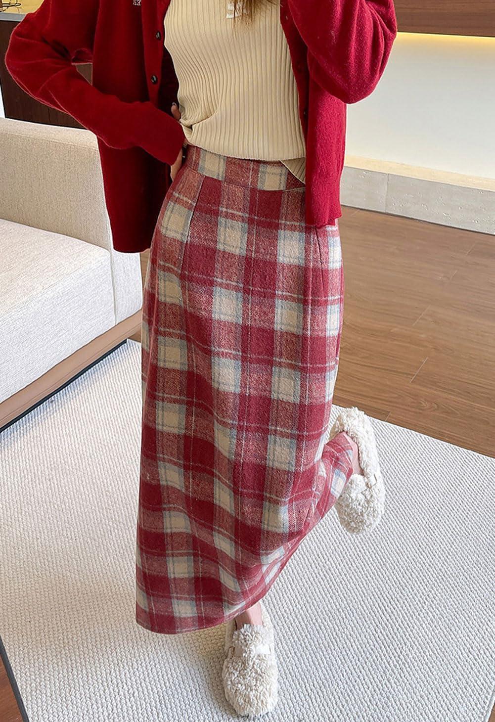 imagechouyatou Women Fall Winter Elastic High Waist Plaid Skirt ALine Maxi Long Wool Pencil Skirt with SplitRed