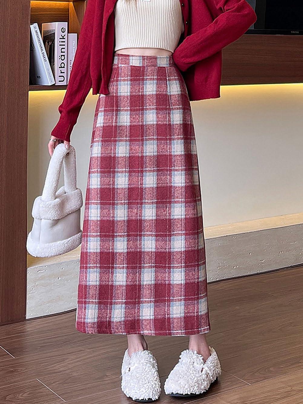 imagechouyatou Women Fall Winter Elastic High Waist Plaid Skirt ALine Maxi Long Wool Pencil Skirt with SplitRed