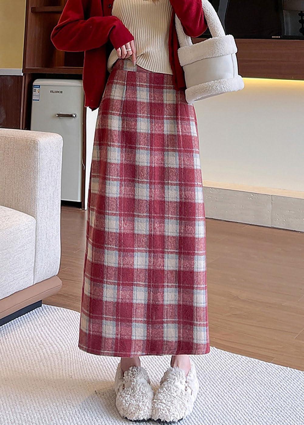 imagechouyatou Women Fall Winter Elastic High Waist Plaid Skirt ALine Maxi Long Wool Pencil Skirt with SplitRed