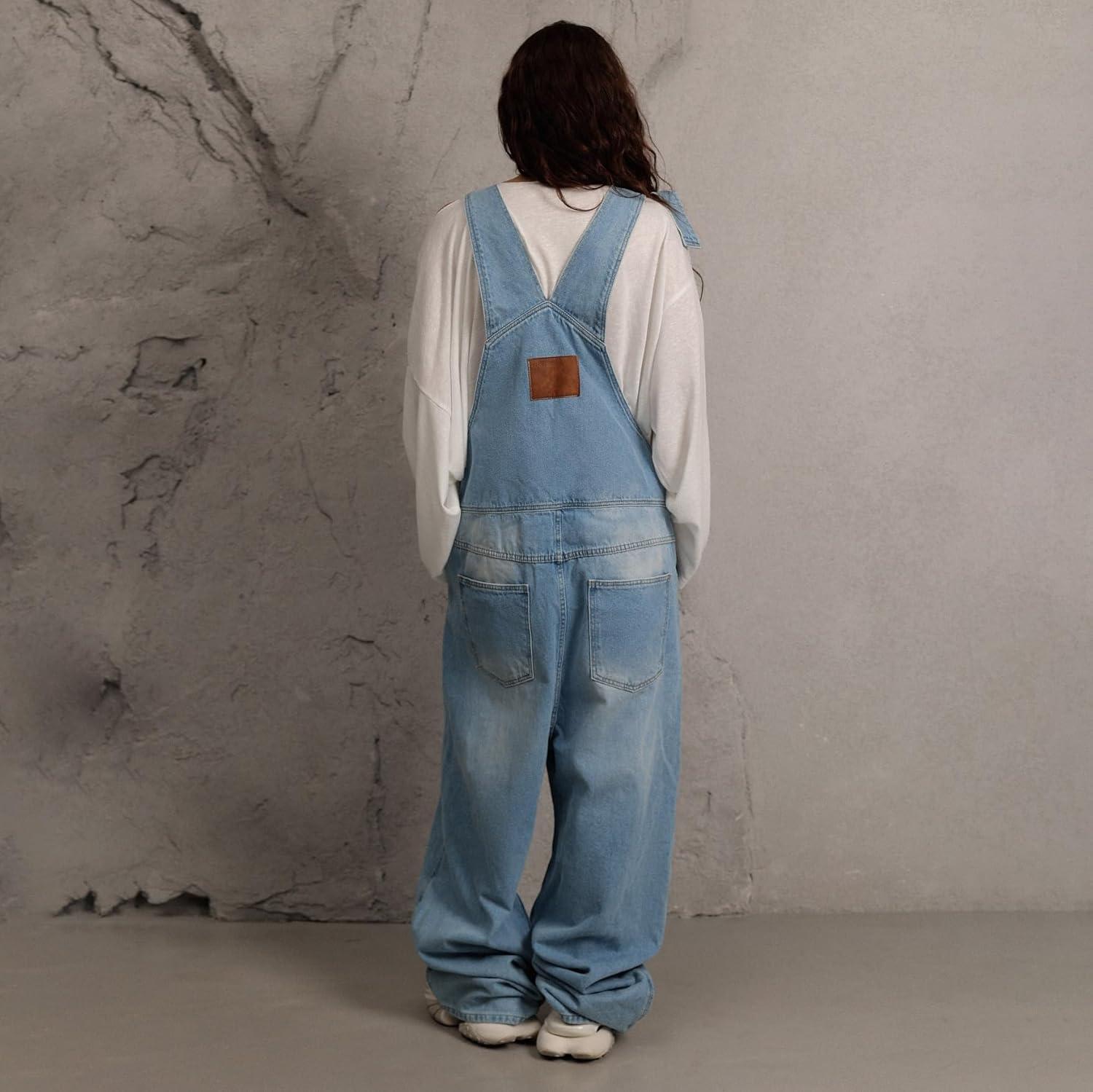 imagechouyatou Women Loose Denim Overall Pants Wide Leg Adjustable Strap Baggy One Piece Jumpsuit with PocketsBlue