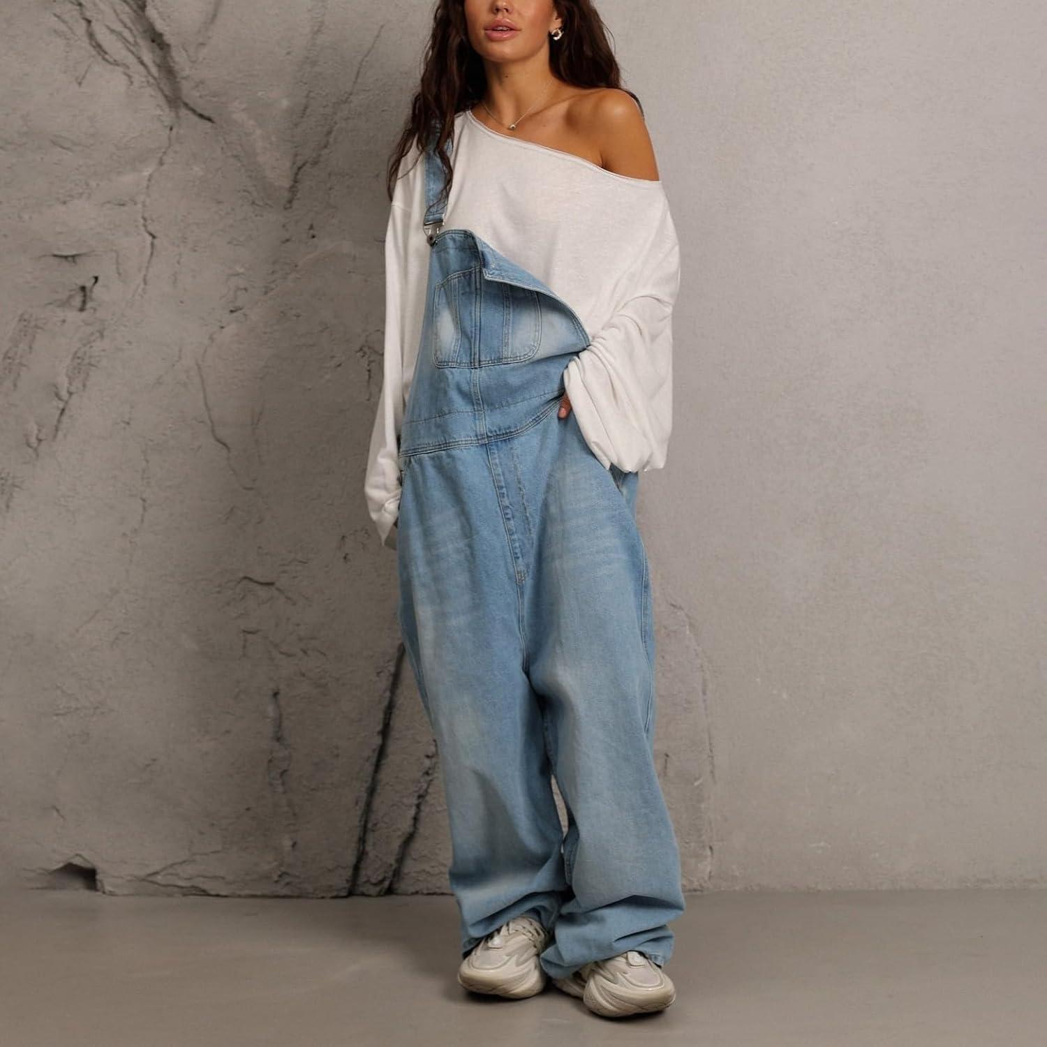 imagechouyatou Women Loose Denim Overall Pants Wide Leg Adjustable Strap Baggy One Piece Jumpsuit with PocketsBlue