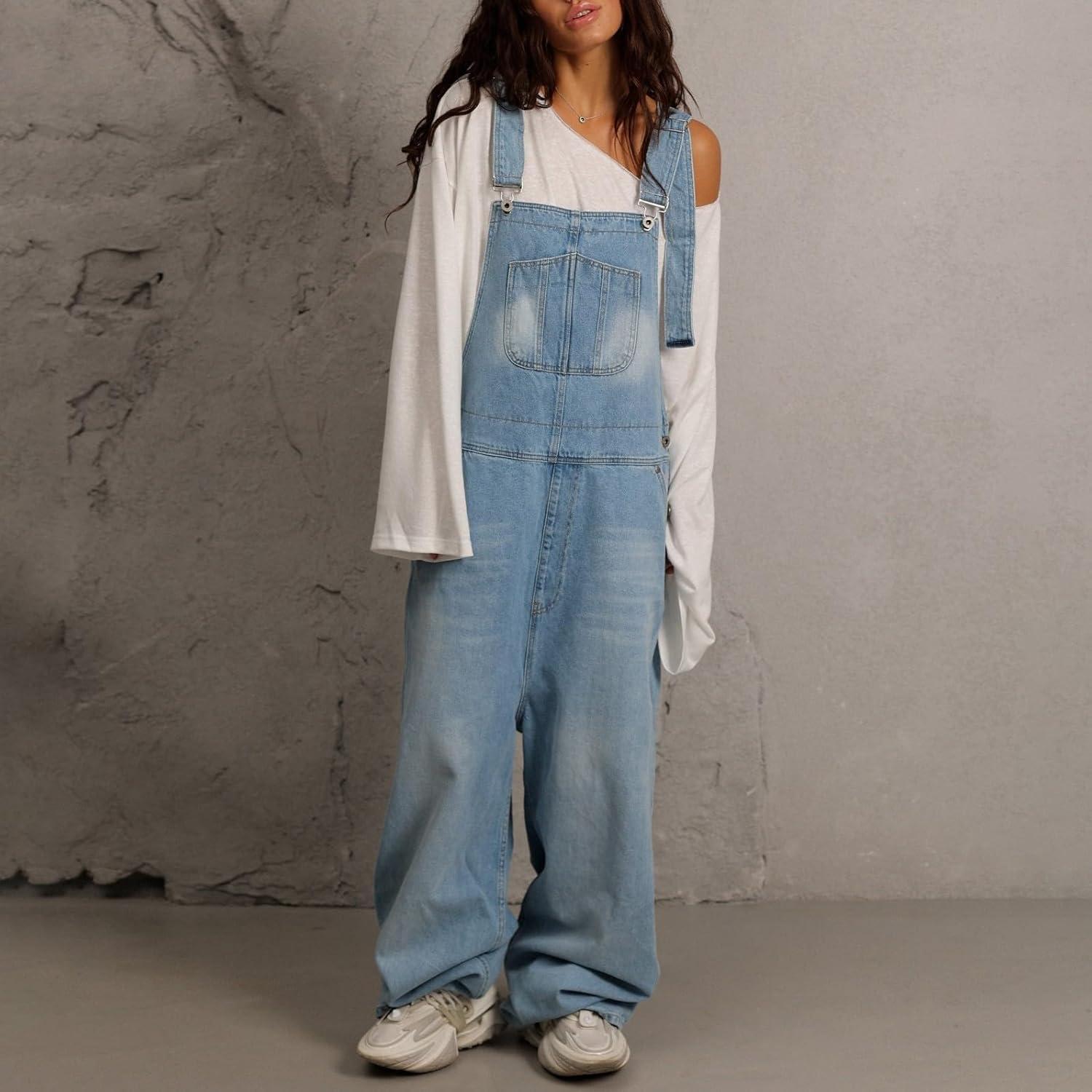 imagechouyatou Women Loose Denim Overall Pants Wide Leg Adjustable Strap Baggy One Piece Jumpsuit with PocketsBlue