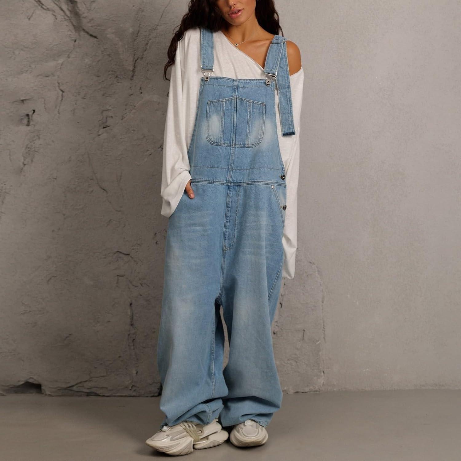 imagechouyatou Women Loose Denim Overall Pants Wide Leg Adjustable Strap Baggy One Piece Jumpsuit with PocketsBlue