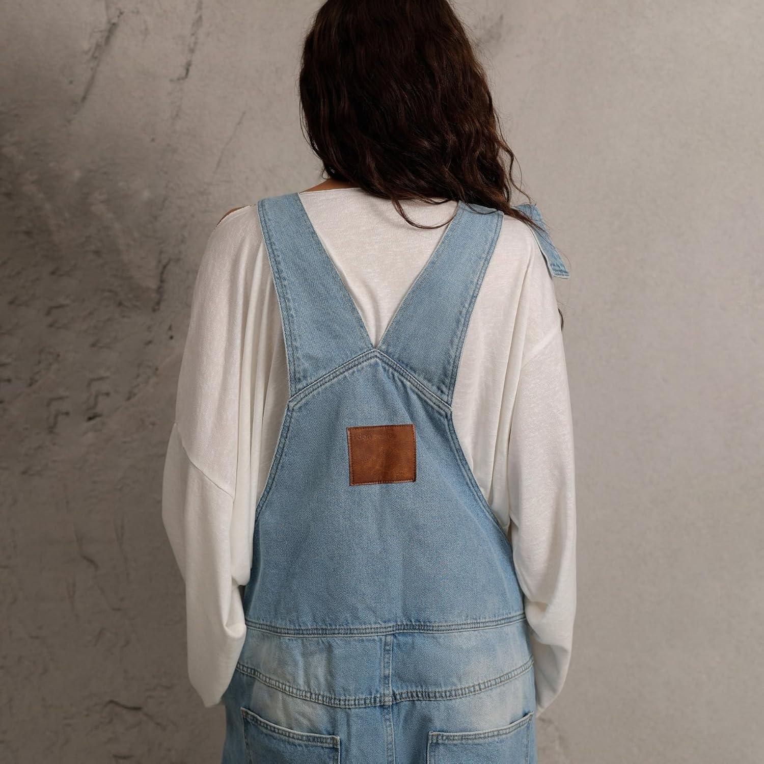 imagechouyatou Women Loose Denim Overall Pants Wide Leg Adjustable Strap Baggy One Piece Jumpsuit with PocketsBlue