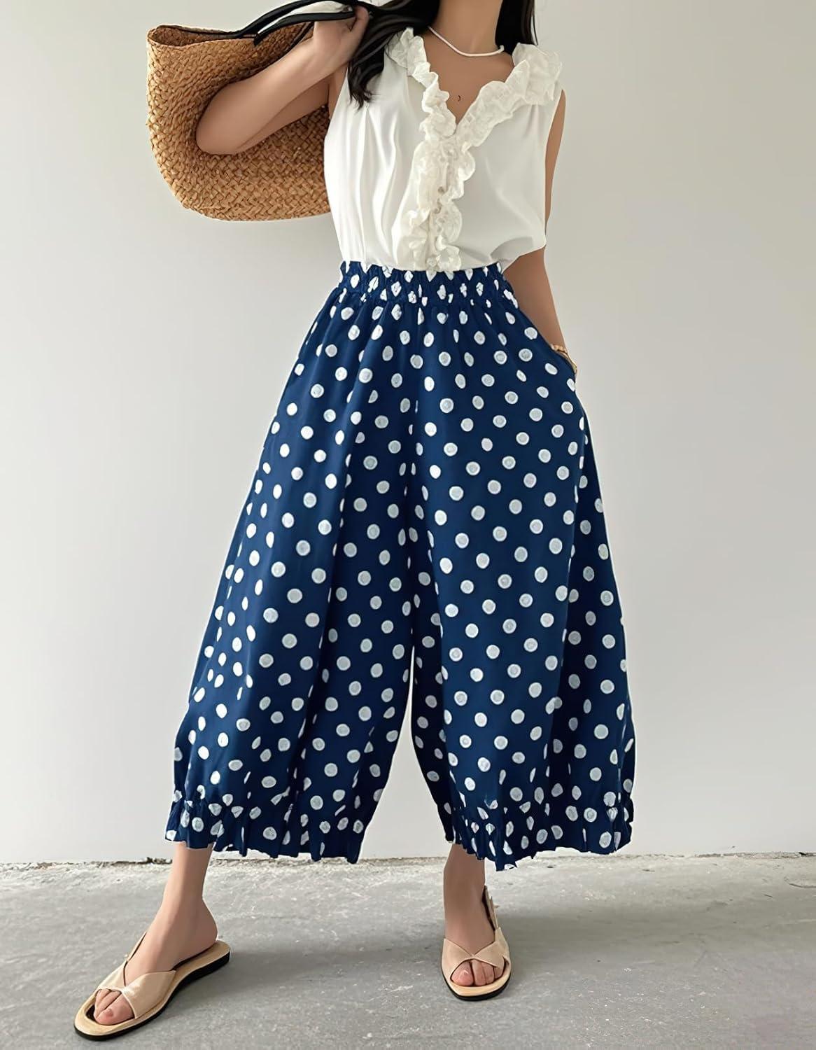 imagechouyatou Women Polka Dot Printed Wide Leg Cotton Pants Loose Elastic Waist Palazzo Trousers with PocketsDark Blue