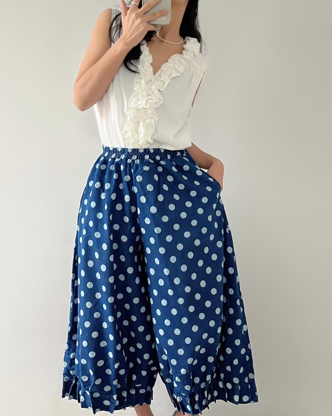 imagechouyatou Women Polka Dot Printed Wide Leg Cotton Pants Loose Elastic Waist Palazzo Trousers with PocketsDark Blue