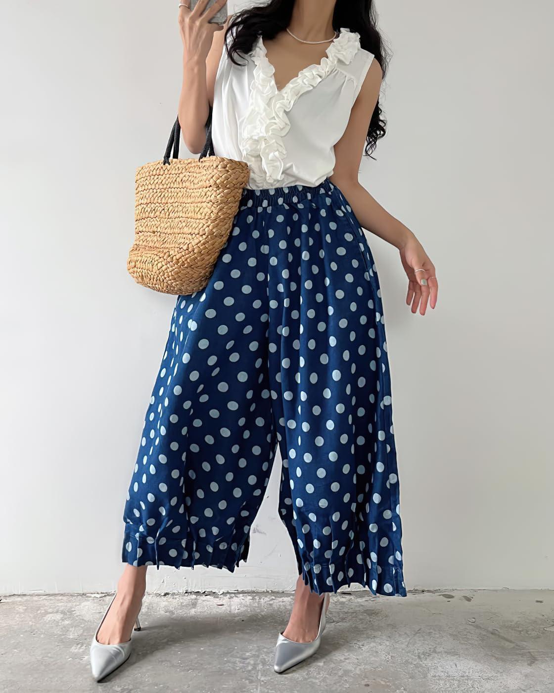 imagechouyatou Women Polka Dot Printed Wide Leg Cotton Pants Loose Elastic Waist Palazzo Trousers with PocketsDark Blue