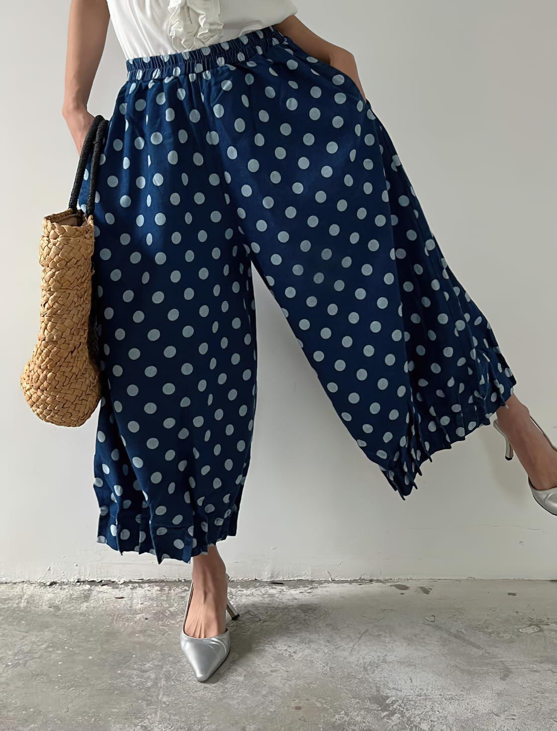 imagechouyatou Women Polka Dot Printed Wide Leg Cotton Pants Loose Elastic Waist Palazzo Trousers with PocketsDark Blue