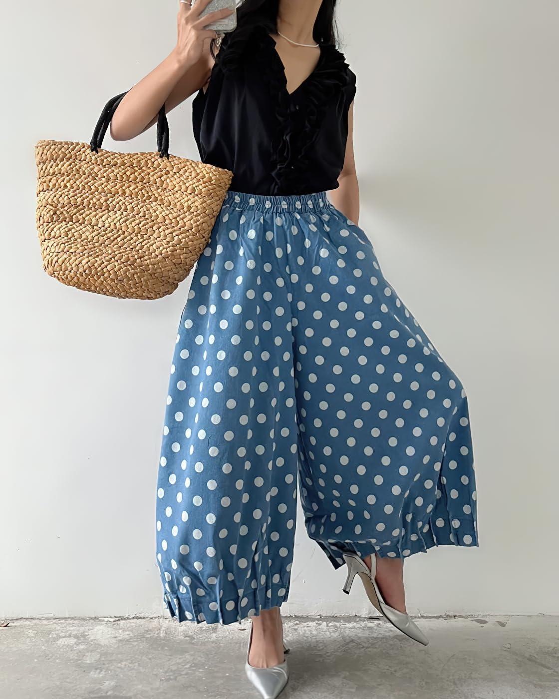 imagechouyatou Women Polka Dot Printed Wide Leg Cotton Pants Loose Elastic Waist Palazzo Trousers with PocketsLight Blue