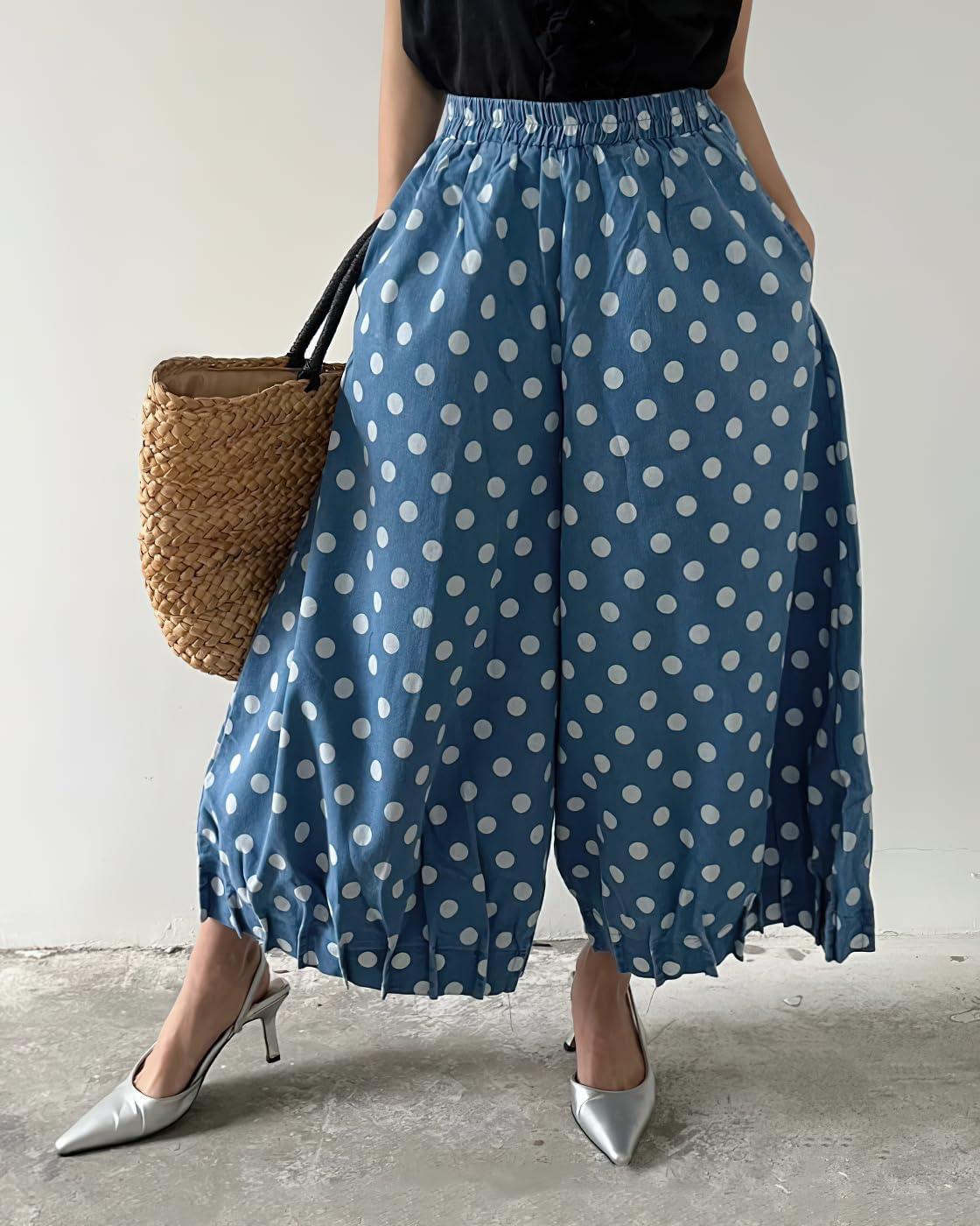 imagechouyatou Women Polka Dot Printed Wide Leg Cotton Pants Loose Elastic Waist Palazzo Trousers with PocketsLight Blue