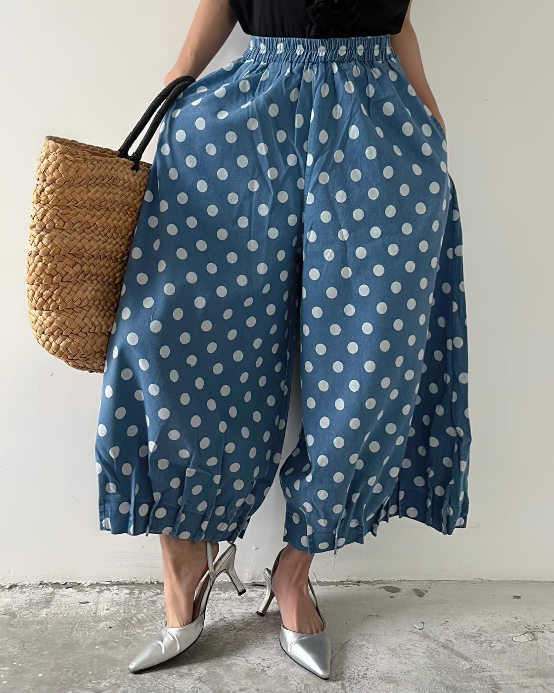 imagechouyatou Women Polka Dot Printed Wide Leg Cotton Pants Loose Elastic Waist Palazzo Trousers with PocketsLight Blue
