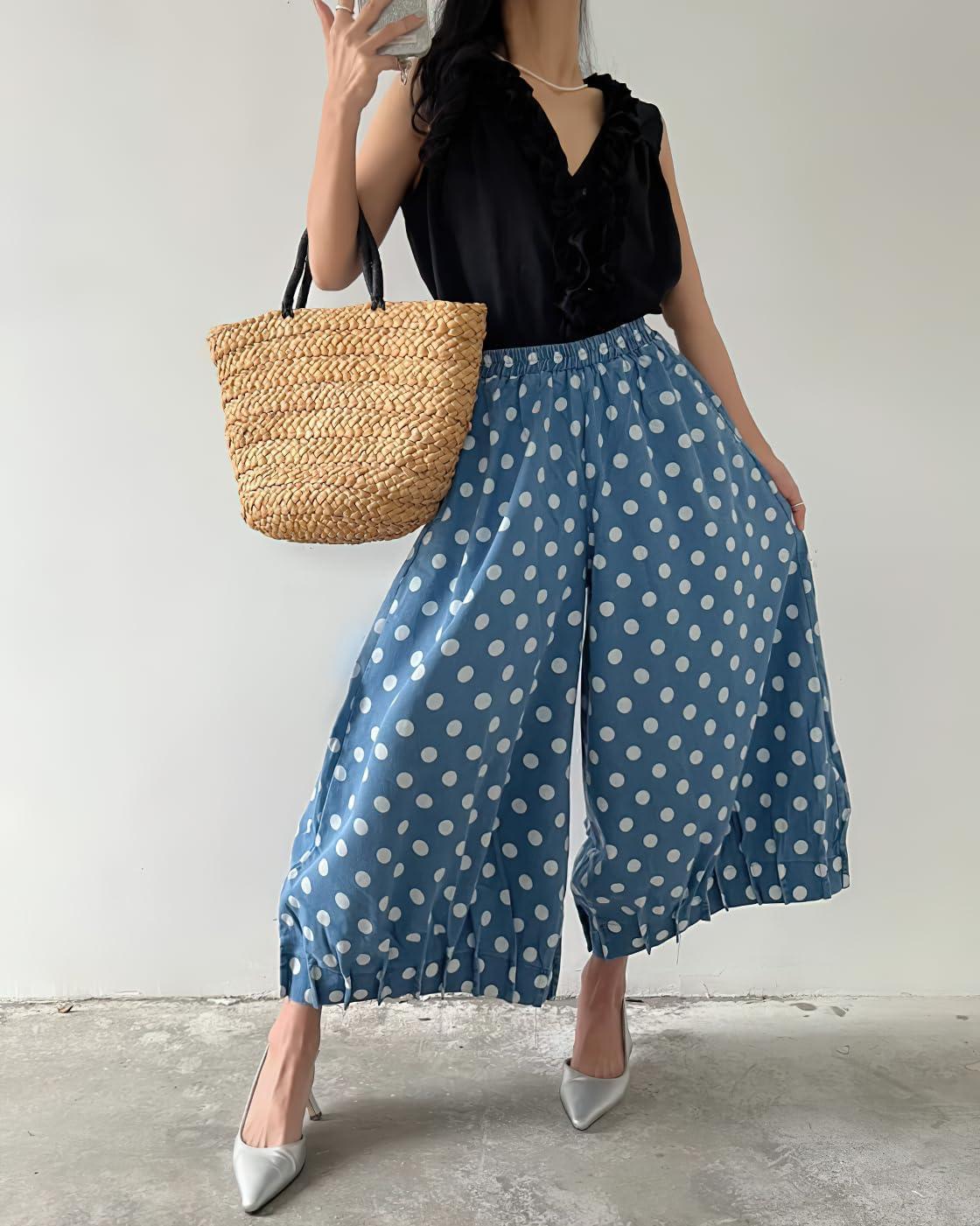 imagechouyatou Women Polka Dot Printed Wide Leg Cotton Pants Loose Elastic Waist Palazzo Trousers with PocketsLight Blue
