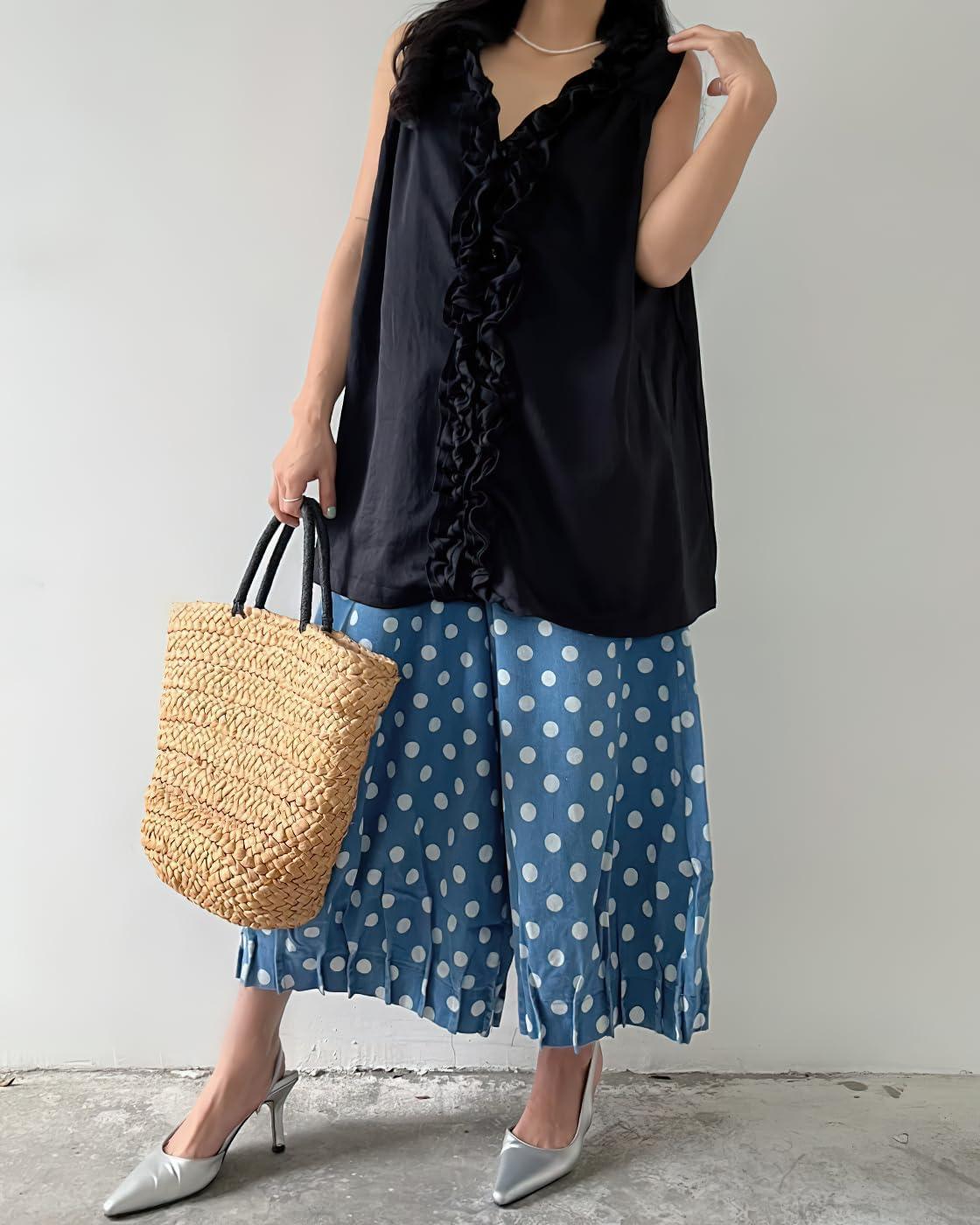 imagechouyatou Women Polka Dot Printed Wide Leg Cotton Pants Loose Elastic Waist Palazzo Trousers with PocketsLight Blue